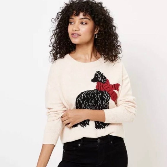 NWT LOFT Petite Fancy Dog with Bow Sweater - Picture 1 of 2